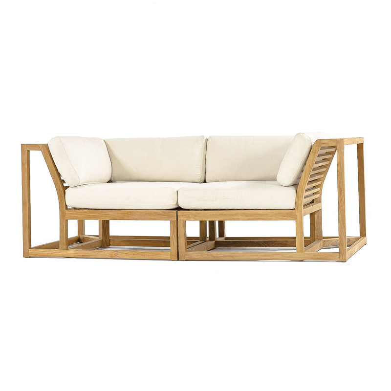 Reversible Teak Wood Outdoor Loveseat with Off-White Cushions