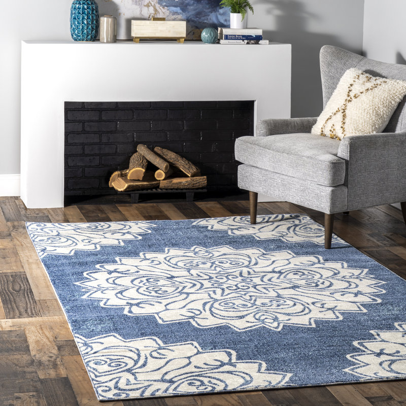 Bleu/blanc tapis Caelynn, Rectangle 5 pi x 8 pi