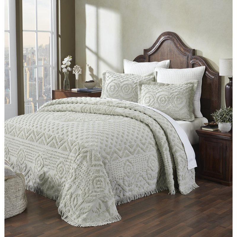 Sage Cotton Twin Bedspread with Tufted Chenille Design