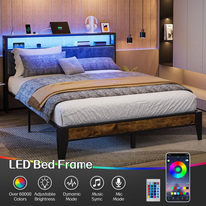 Queen Metal Platform Bed with LED Light Headboard and Storage