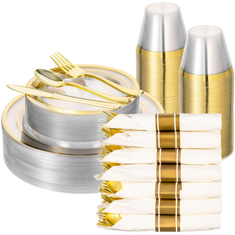 Service de vaisselle 350 pièces en plastique blanc et argent pour 50 personnes, 100 assiettes jetables pour la fête, 50 serviettes pré-roulées avec argenterie, 50 tasses