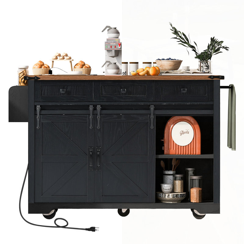 Farmhouse Kitchen Island With Power Outlet, Sliding Barn Doors, And Drop Leaf For Extra Counter Space And Storage, Black