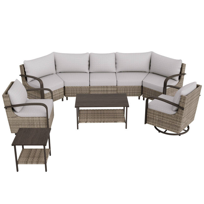 Beige 7-Person Wicker Patio Sectional Sofa Set with Swivel Chairs
