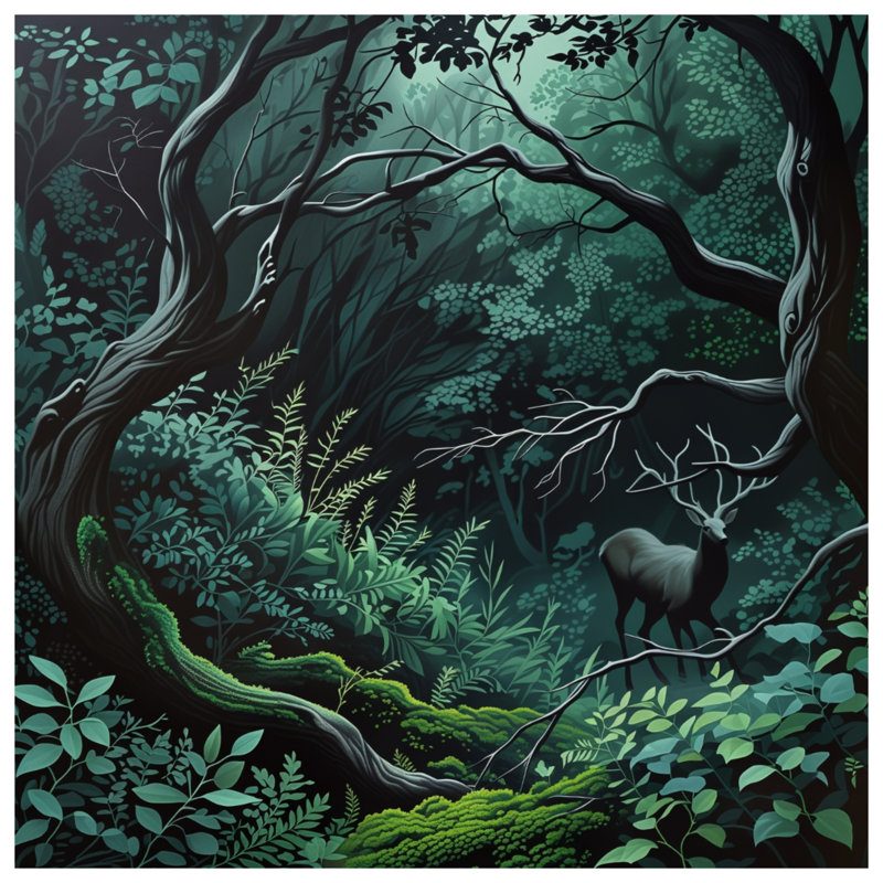 Tapisserie murale forêt dense avec cerf, H 68 po x l 80 po avec 4 œillets