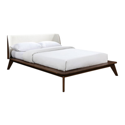 Très grand lit en noyer de qualité Mid-Century moderne, bois massif et matériau bouclé, tête de lit à panneau à oreilles en tissu Nuance, fabrication, tête de lit, matelas non inclus