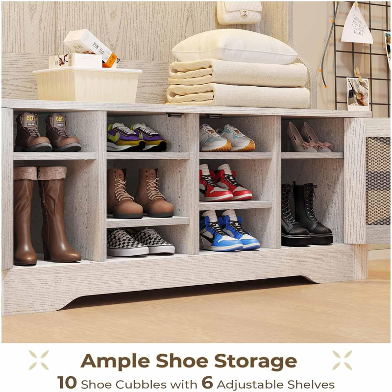 Coleon Hall Tree 43.3 Wide with Bench and Shoe Storage, Embossed White