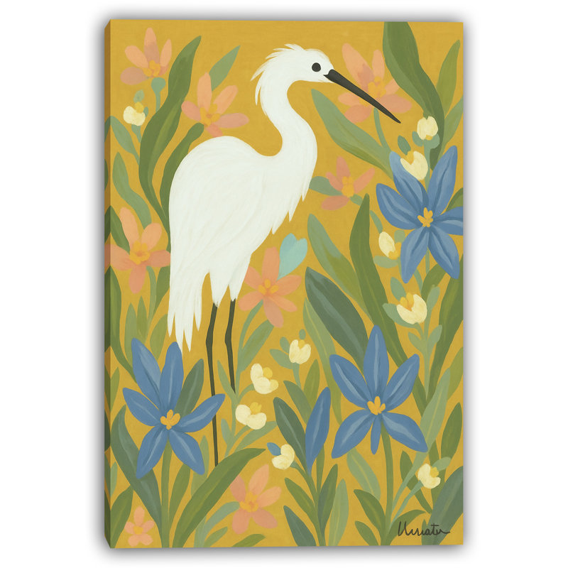 Art floral sur toile, héron blanc