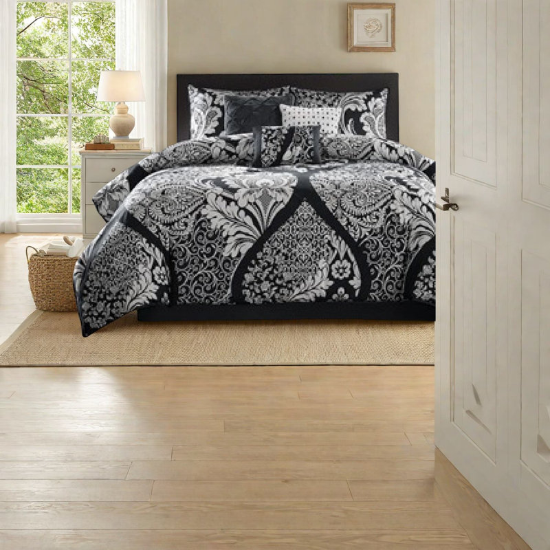 Luxueux ensembles de literie en coton de 7 pièces à motif damassé noir pour très grand lit
