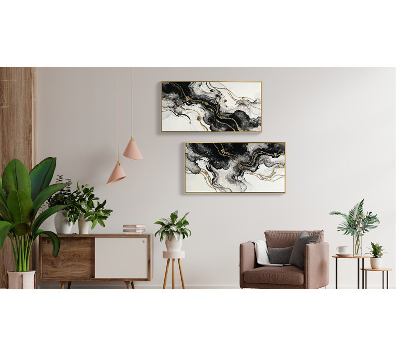 Grand art mural abstrait noir et blanc encadré, ensemble de 2 impressions sur toiles minimalistes
