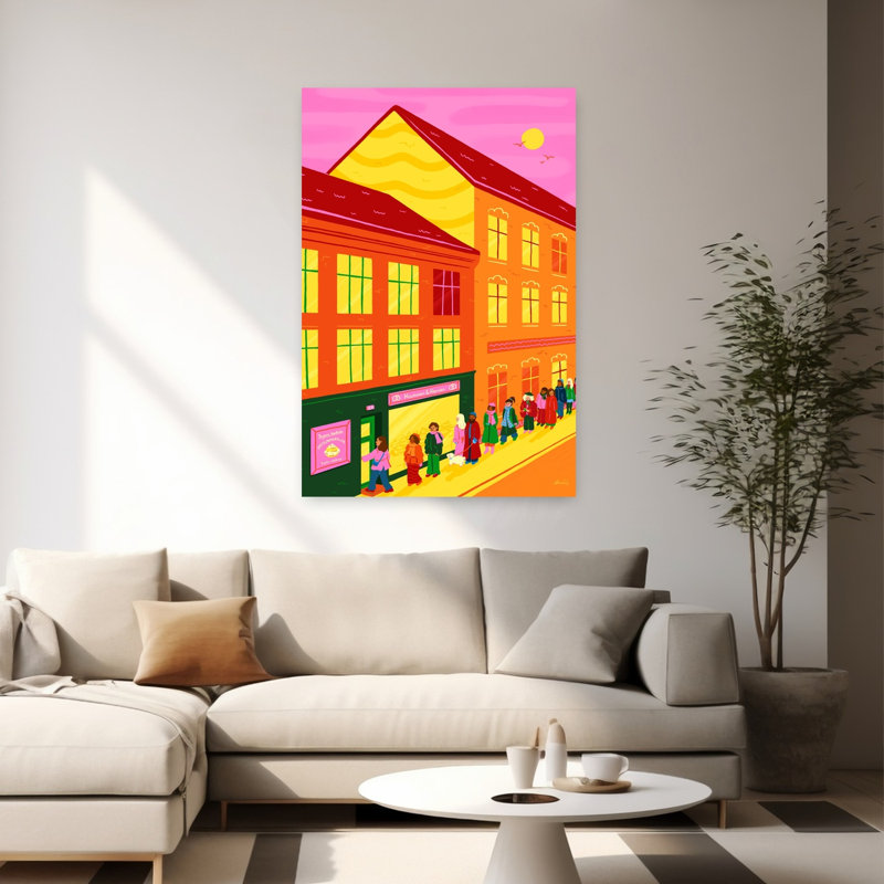 «Bakery Queue At Sunset», impression vibrante de chien abstrait au coucher du soleil, H 60 po x l 40 po