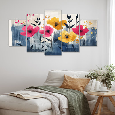 Aquarelle coquelicots et fleurs sauvages - Art mural coquelicot - Art mural traditionnel pour le salon 5 pièces