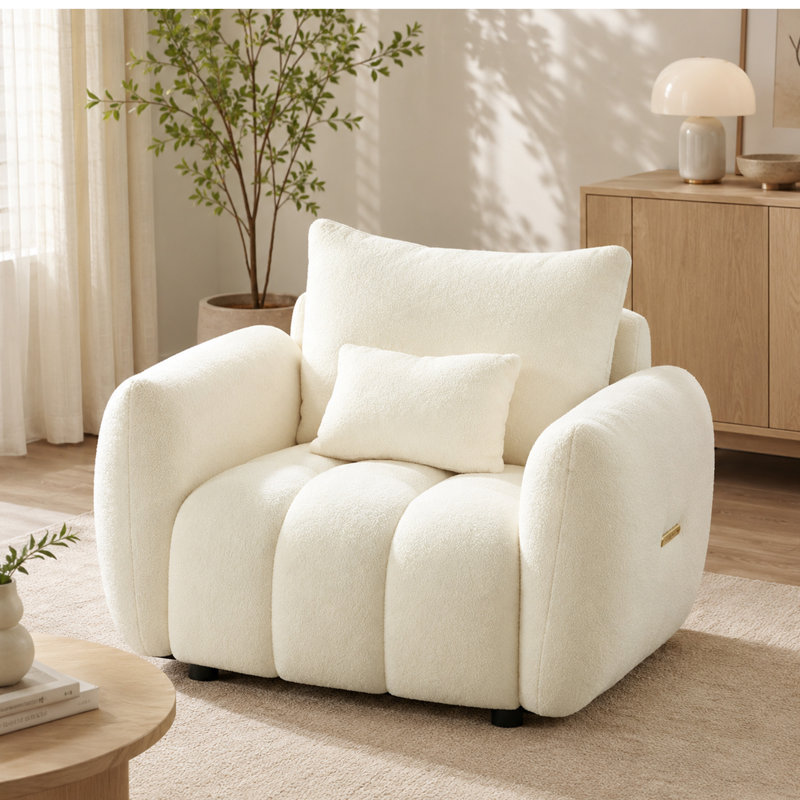 Fauteuil une place en tissu Teddy, fauteuil d'appoint moderne rembourré avec 1 coussin pour salon ou chambre à coucher