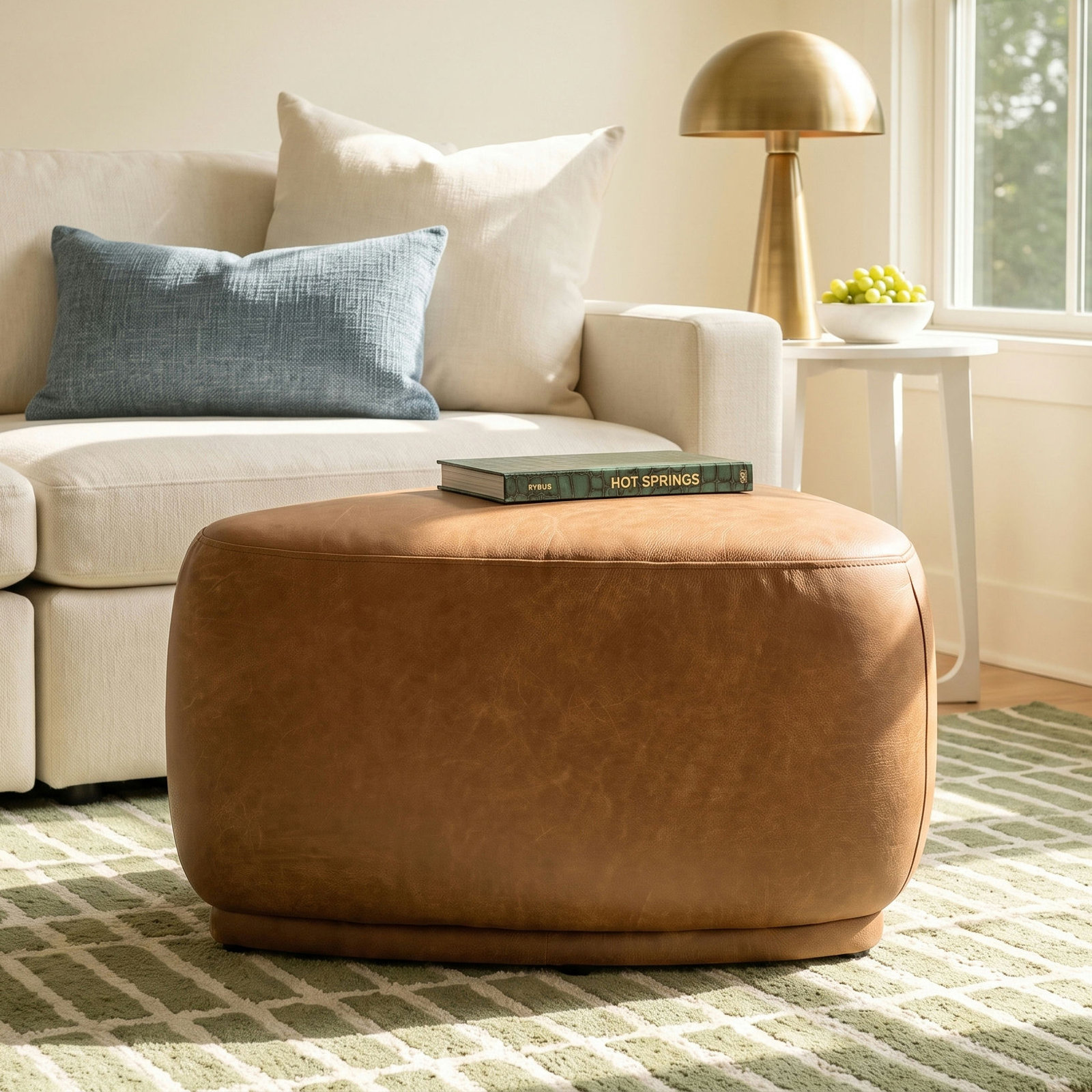 Adna 26.5" Genuine Leather Triangular Upholstered Ottoman, Marseille Brown Genuine Leather