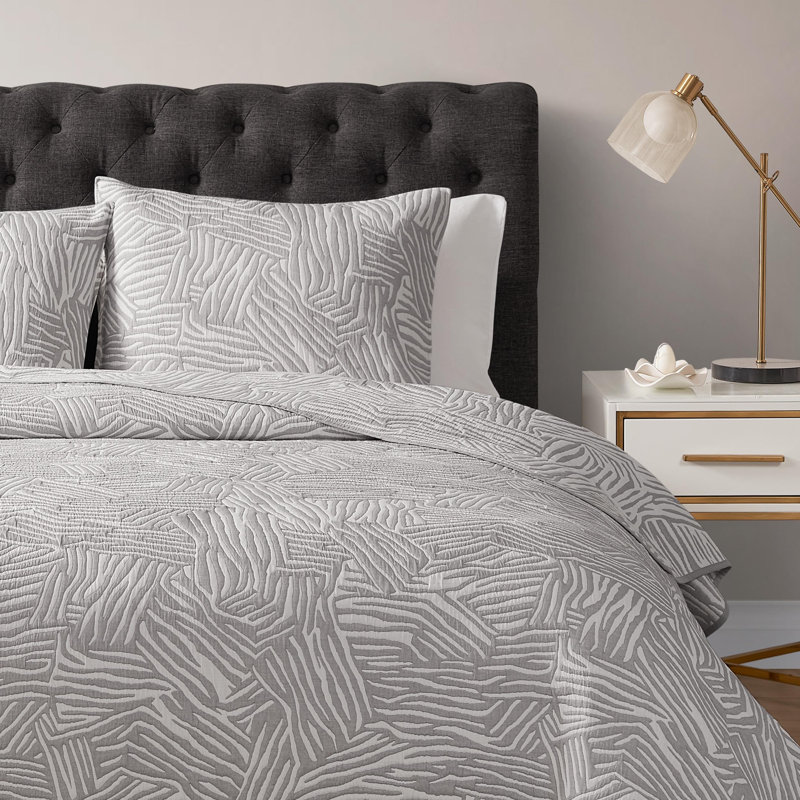 Ensemble de courtepointe réversible en mélange de coton matelassé et gris clair 3 pièces