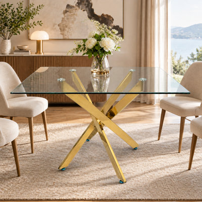 Modern Rectangular Tempered Glass Dining Table With X-Cross Metal Base