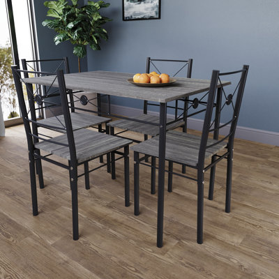 4-Piece Dining Table Set With Bench & 2 Chairs - Small Space Kitchen Set, Gray Industrial Style