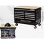 Coffre à outils à roulettes extra-profond à 9 tiroirs 46 po, armoire de rangement / banc de travail mobile avec plateau en bois / multiprise, équipé de roulettes, poignée, doublure et système de verrouillage, capacité de 1200 lb