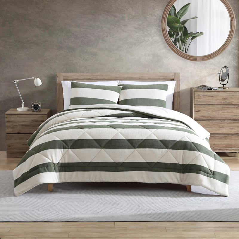 Prospect Harbour Nautica Lawndale Plush Reversible Comforter Set, King Comforter + 2 King Shams, Green Striped