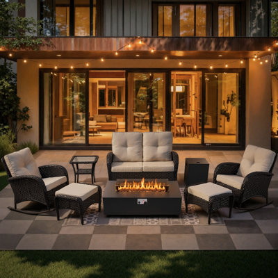 Esquer 7-Piece Outdoor Wicker Nighttime Loveseat Conversation Set With Rocking Chairs, Ottomans And Fire Pit Table