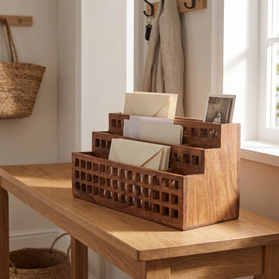 Handcrafted Acacia Wood Letter Holder Rack with Carved Design