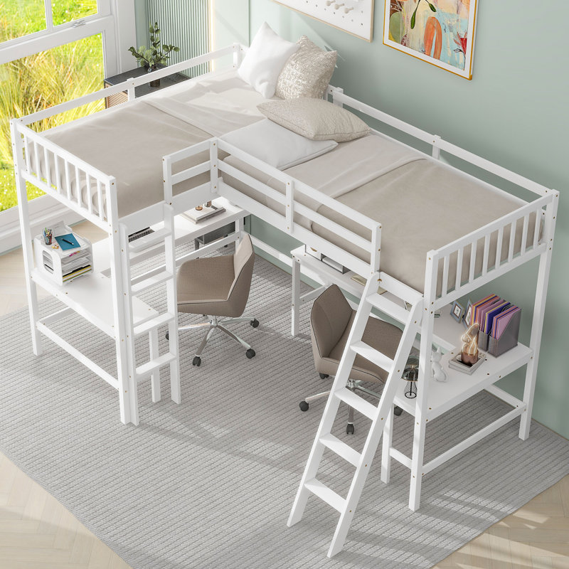 Lit mezzanine en bois avec échelle en L et 2 bureaux intégrés en L, Blanc