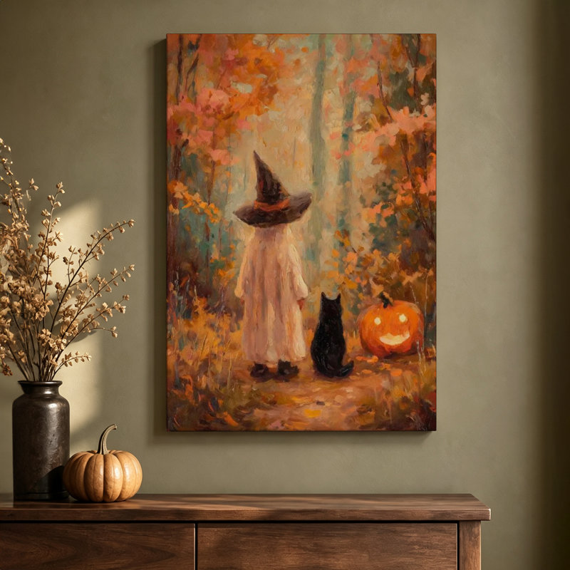 Adorable petite sorcière et chat noir d'Halloween, avec citrouille, sur toile tendue, 61 x 91 cm (24 x 36 pouces).
