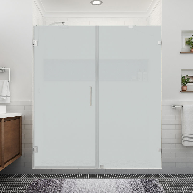 Nautis XL 69.25 to 70.25 in. W x 80 in. H Hinged Frameless Shower Door W/ Ultra-Bright Frosted Glass, Stainless Steel