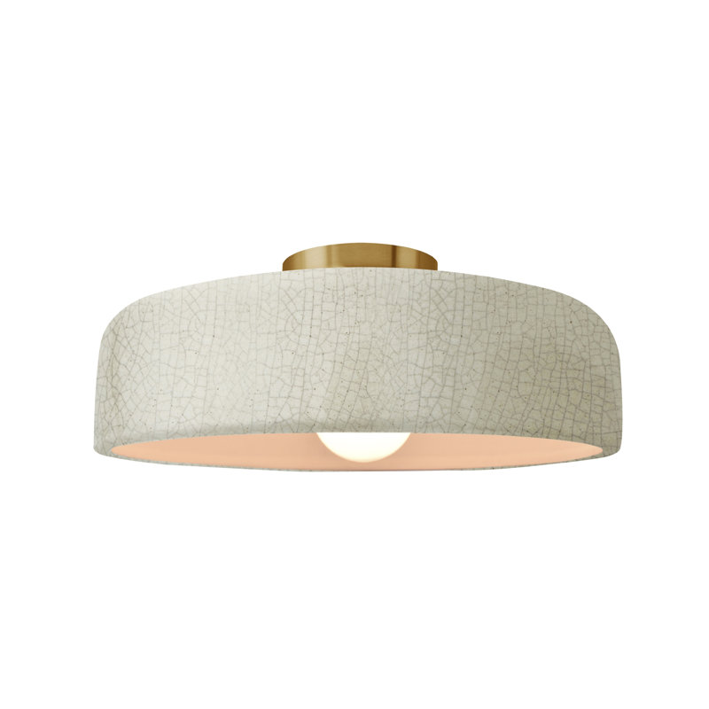 Plafonnier semi-encastré en céramique Dottie, Blanc craquelé / noir mat, Laiton brossé, H 6 po x l 13 po x P 13 po
