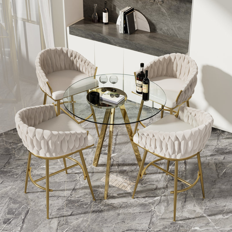 Round Bar Table and Bar Stools Set for 2-4, Beige, 3