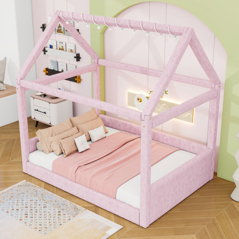 Full Size Upholstered Daybed with LED Light Strips, Pink