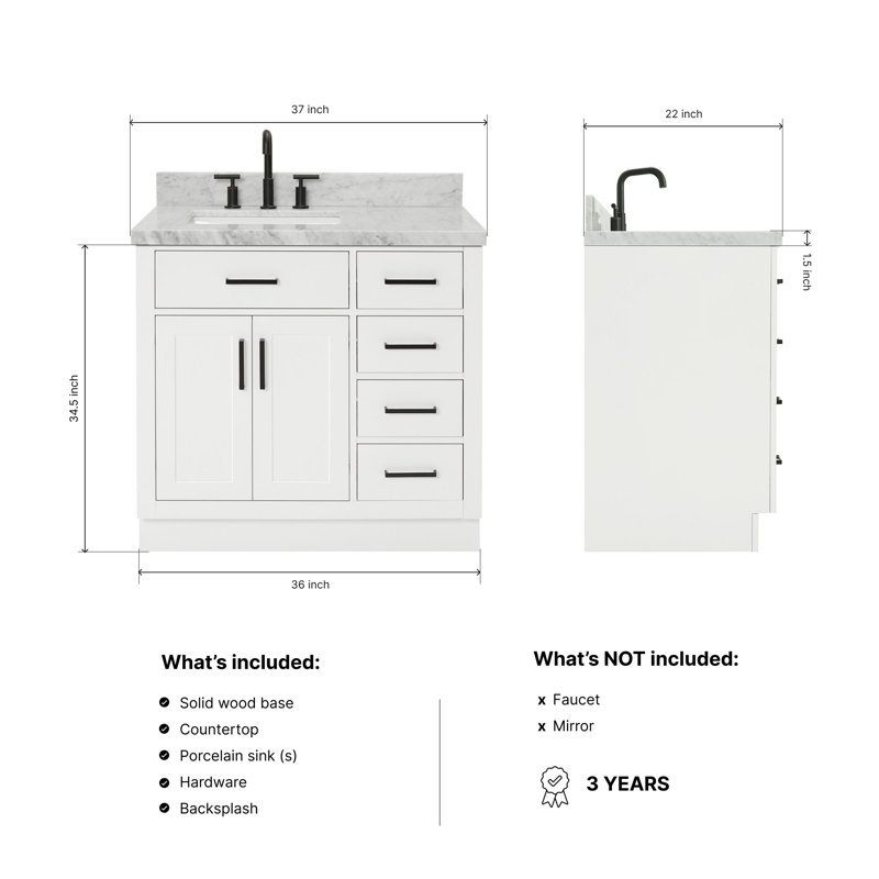 ARIEL HEPBURN 37 IN RIGHT OFFSET RECTANGULAR SINK VANITY 1,5 IN, Left, Rectangular, White