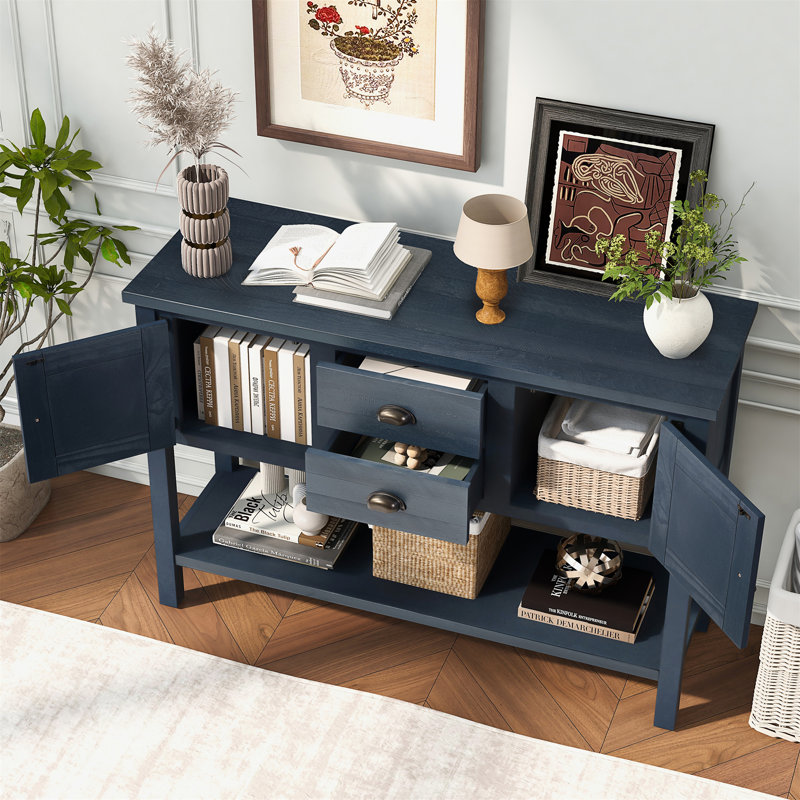 Console 46 po en bois massif avec 2 tiroirs, armoires et tablette inférieure, Navy Blue