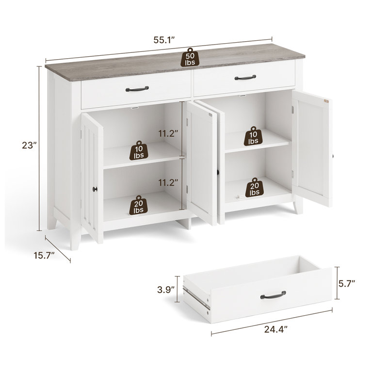 Buffet 55,1 "Modern Farmhouse - Desserte en bois avec 2 tiroirs et 4 portes pour la cuisine, Blanc / Gris