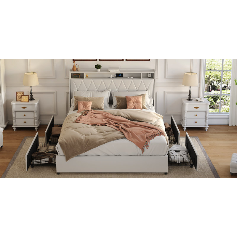 Cadre de grand lit avec tête de lit ergonomique, cadre de lit plateforme grand avec prises et chargeur, cadre de lit en métal grand avec tablette de rangement, silencieux, aucun sommier nécessaire