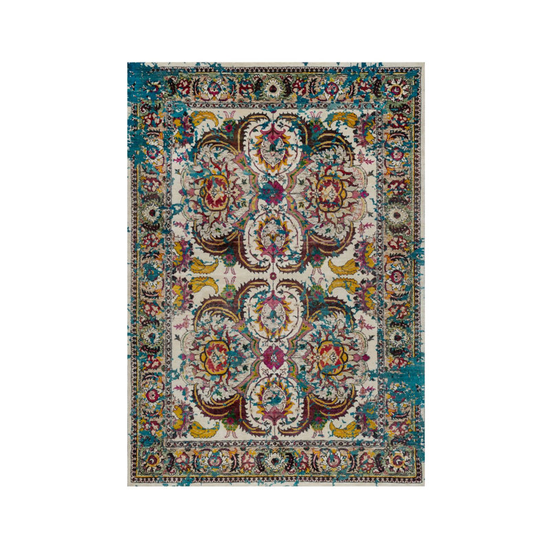 Tapis oriental noué à la main 5 pi x 7 pi 1 po blanc crème en laine et soie Sari