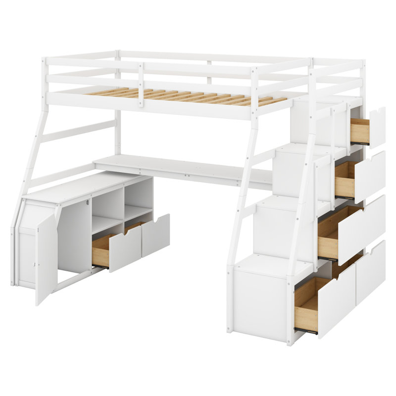 Lit mezzanine avec rangement et escalier Heiki, Blanc, Simple