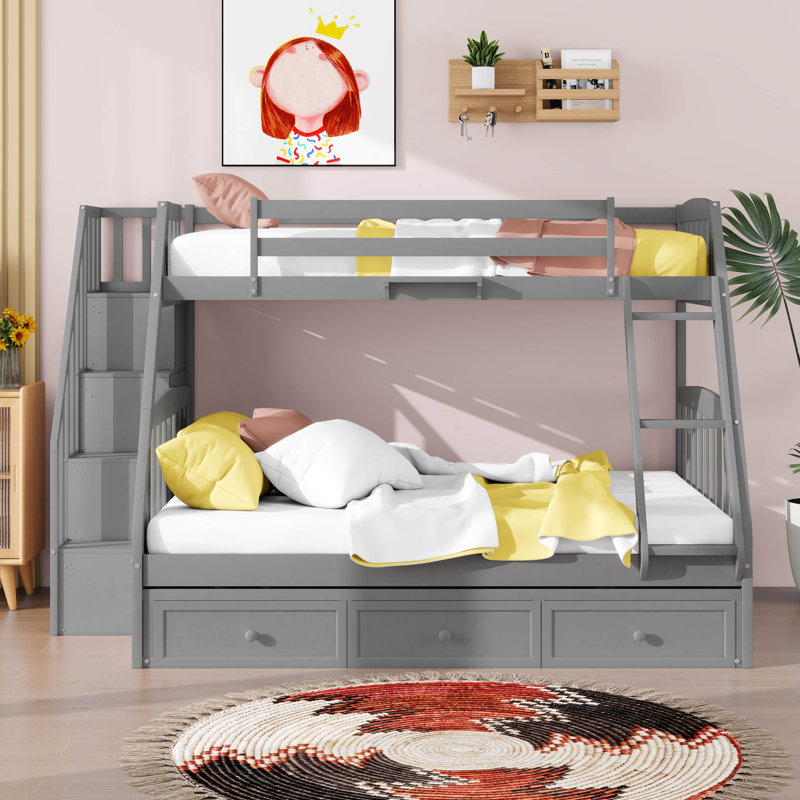Lit superposé simple au-dessus de double avec tiroirs, échelle et escalier de rangement, cadre de lit en bois, aucun sommier nécessaire