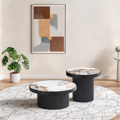 Ensemble de tables basses rondes pour le salon, en pierre frittée noire et en panneau de fibres à densité moyenne, ensemble de 2, L 31,5 po x l 20,87 po x H 13,78 po