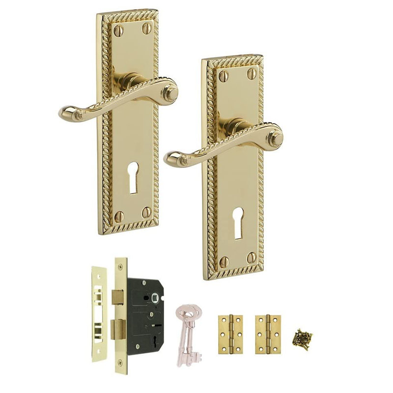  Georgian Door Handles in Polished Brass Finish with 64mm 3 Lever Sash Lock, Keys and 1 Pair of 3" Brass Butt Hinges - 150mm x 48mm Backplate