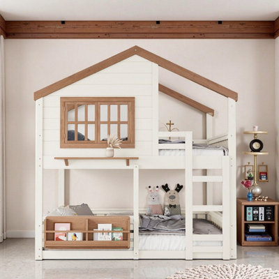Lit mezzanine double en bois de pin avec bibliothèque et rails de sécurité