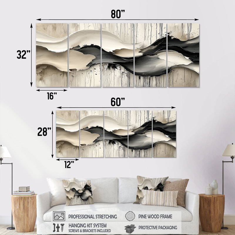 Gris sur blanc bruine rythmique, rivière à encre II - art mural vagues - décoration murale moderne, H 28 po x l 60 po, 5