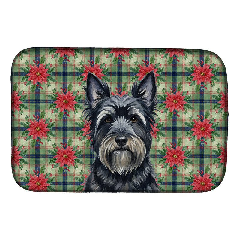 Black Skye Terrier Christmas PoinsettIas Dish Drying Mat