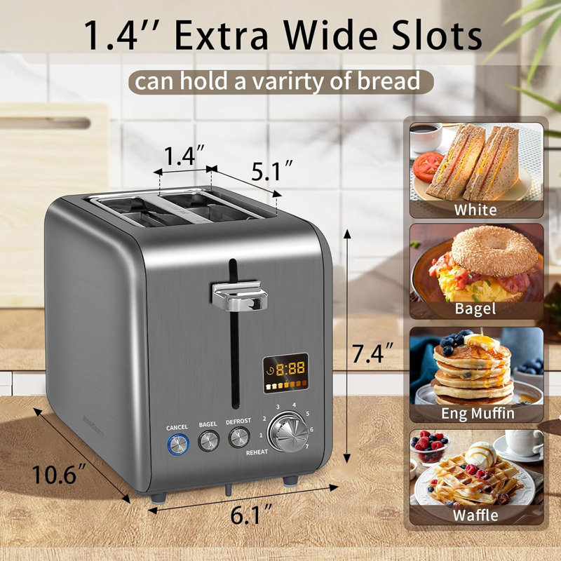 Toaster 2 Slice, Stainless Steel Bread Toaster LCD Display, 7 Bread Shade Settings, 1.4'' Wide Slots, Gray