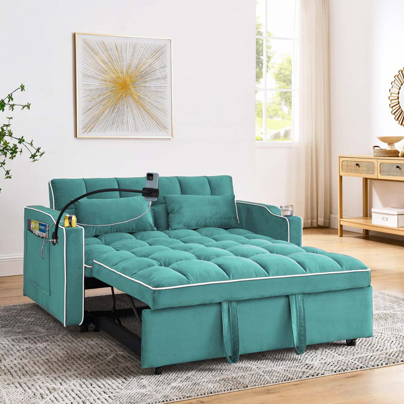 Velvet Pull-out Sleeper Sofa Bed, Adjustable Back and with USB Pport, swivel phone stand, Green, 31.15" H x 55.55" W x 37.05"