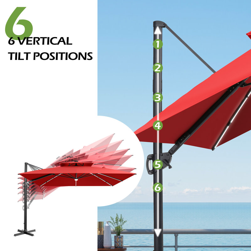 Parasol de patio en porte-à-faux à DEL 128 po x 128 po, Rouge
