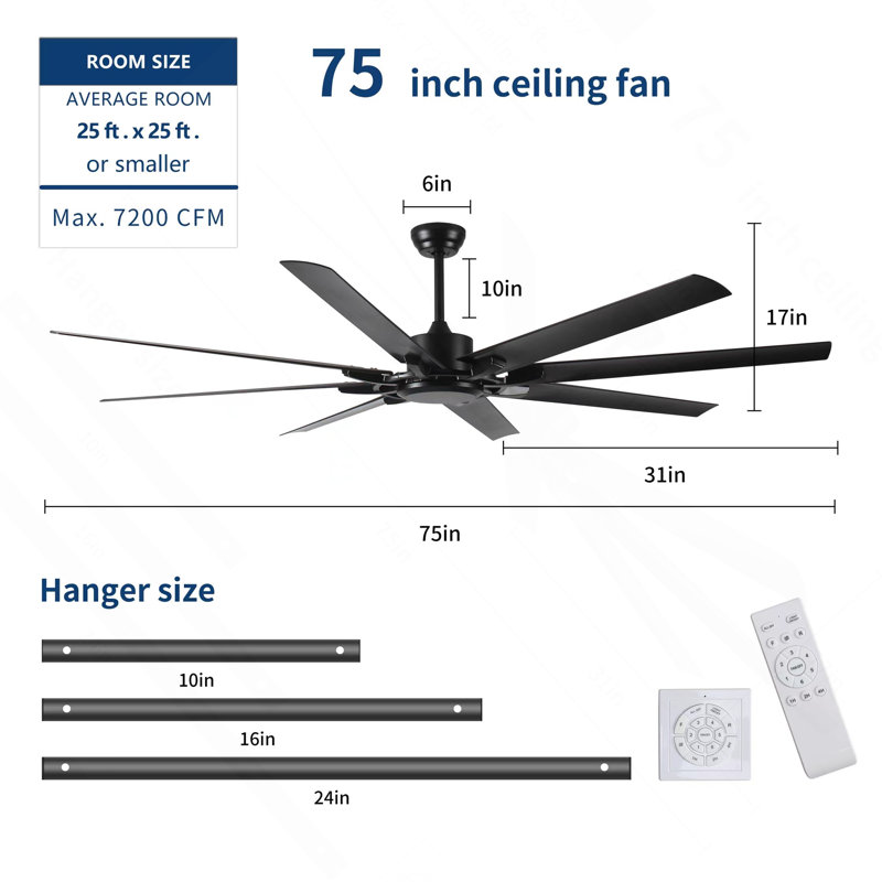 Ventilateur de plafond à moteur à courant continu de 75 pouces sans lumière