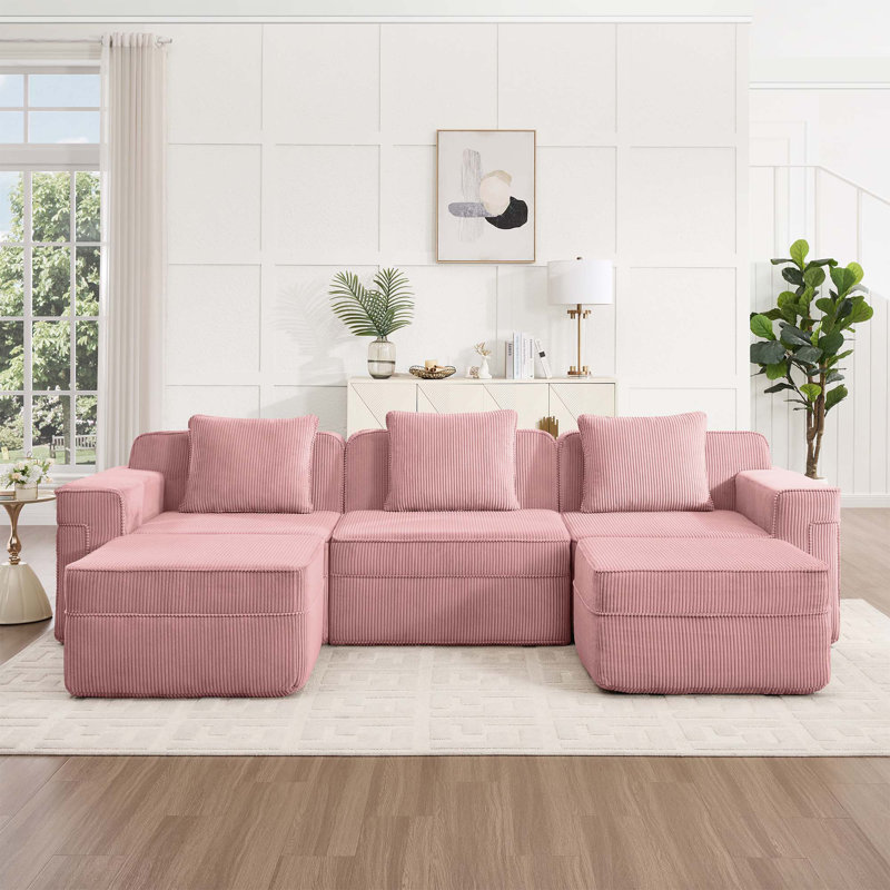 Canapé moderne à 3 places en velours côtelé à assise profonde avec 3 coussins décoratifs et 2 repose-pieds mobiles, Rose