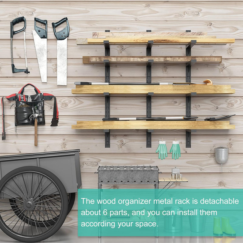 Wood Organizer Metal Rack - 6-Tier Detachable Lumber Storage Metal Rack & Adjustable Wall Mount Wood Storage Lumber Organizer Rack for Garage Basement Shed Or Workshop