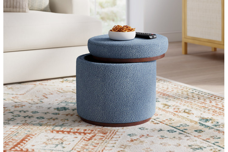 blue boucle ottoman with hidden storage