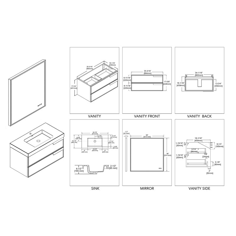 Ensemble de meuble-lavabo de salle de bain simple 36 po Tyonna, Gris mat, DEL à côtés en cadre carré
